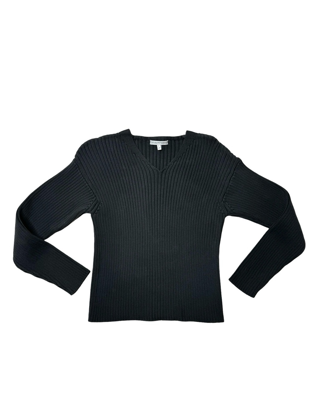 Vintage | 90’s Emporio Armani Ribbed Knit V-Neck Cotton Sweater Black Y2K